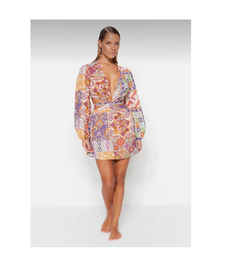 Ethnic Patterned Mini Woven Cut Out/Window 100% Cotton Beach Dress