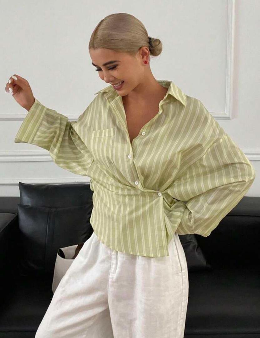 Livesso Loose Striped Long Sleeve Pocket Oblique Collar Casual Vacation Blouse For Women, Autumn