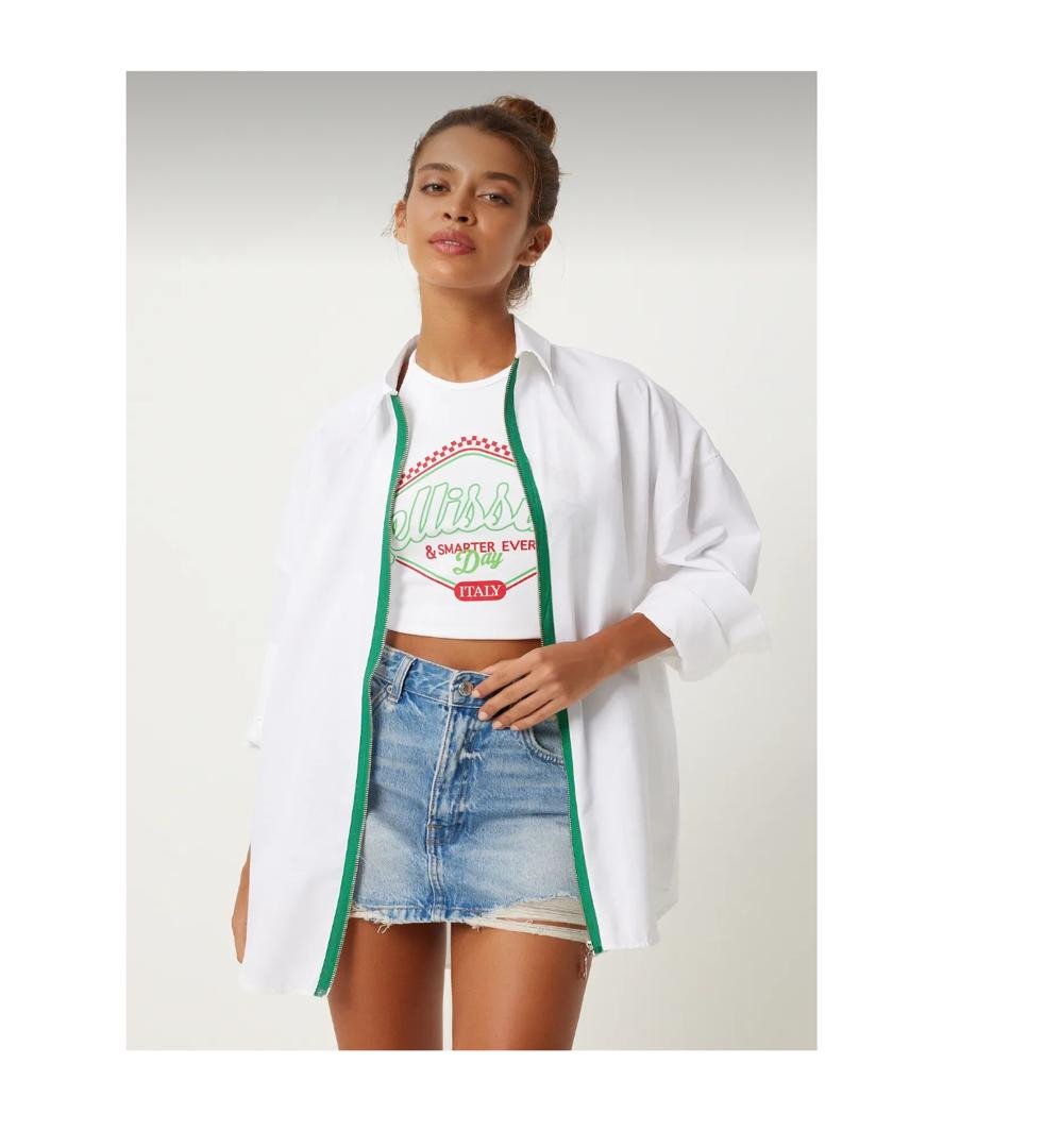 White Green Oversize Shirt - Contrast Stripe, Zippered