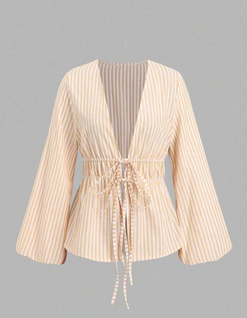 Sweetra Striped Print Deep V-Neck Knot Casual Long Sleeve Blouse Fall Cloth For Women