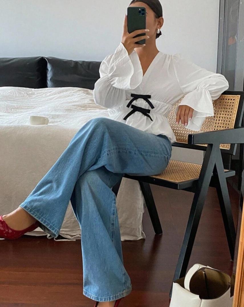 Women's Colorblock Bow V-Neck Puff Sleeve Pleated Waist Casual Vacation Elegant Blouse