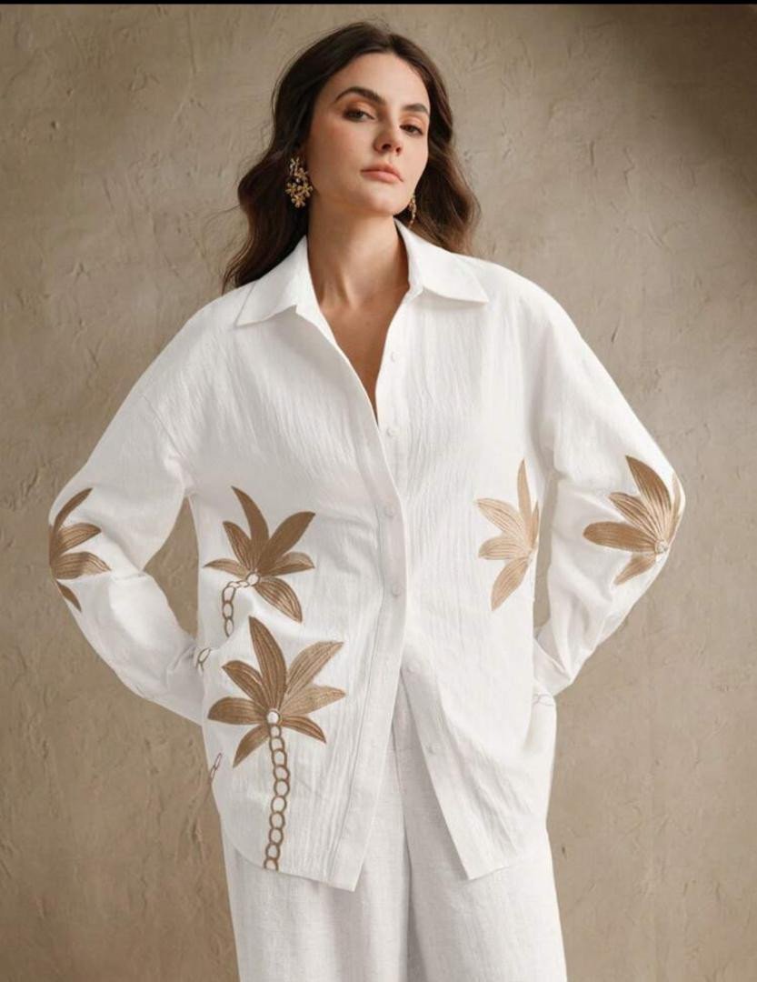 Anewsta Ladies' Woven Craft Embroidered Apricot Long Sleeved Shirt Beach, Vacation Woman