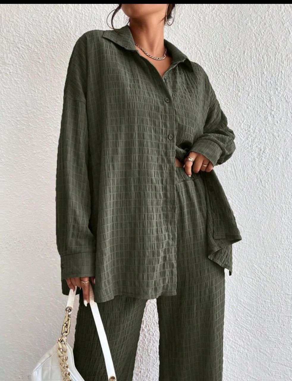 Chiquease Solid Drop Shoulder Shirt & Wide Leg Pants Fall Cloth For Women