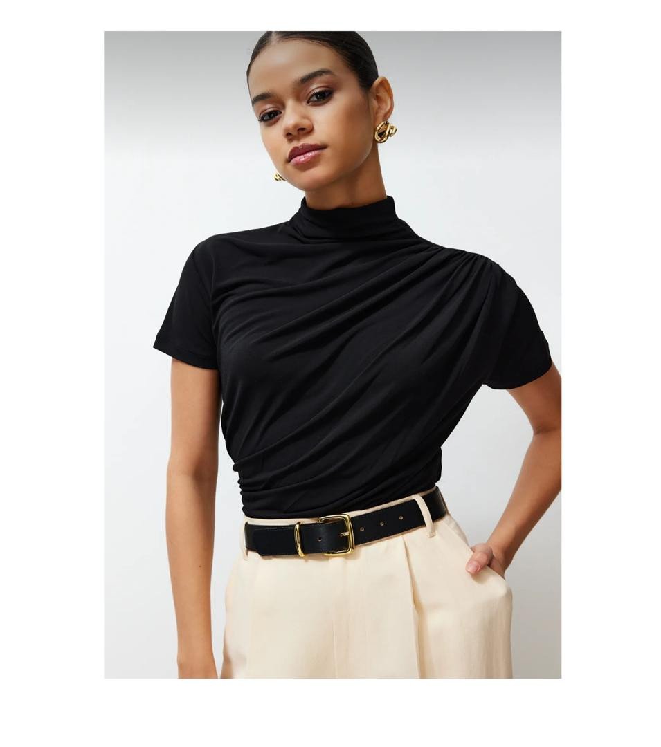 Stretchy Knitted Black Blouse - Short Sleeve, Stand Collar, Draped Detail - Fitted