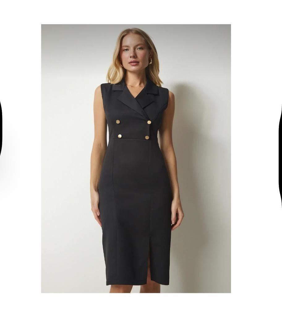Women's Black Double Breasted Collar Slit Elegant Woven Dress