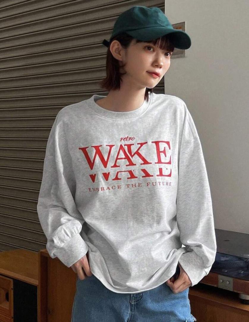 FRIFUL Women's Letter Printed Drop Shoulder T-Shirt Retro WAKE EMBRACE THE FUTURE,Fall Clothes Long Sleeve Women Tops