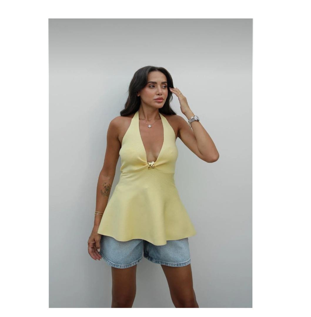 Yellow Metal Detailed Peplum Knitwear Blouse