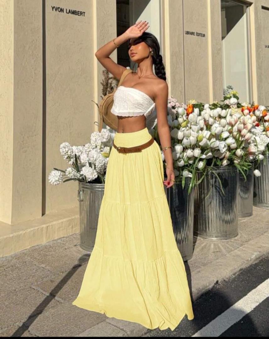 SHEIN EZwear Women's Yellow Pleated Ruched Hem A-Line Skirt, Summer,Butter Yellow
