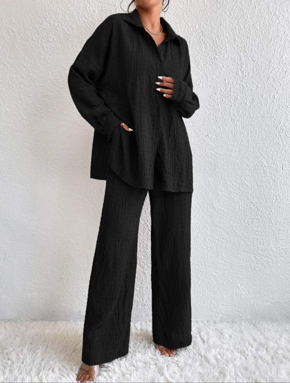 Chiquease Solid Drop Shoulder Shirt & Wide Leg Pants Fall Cloth For Women