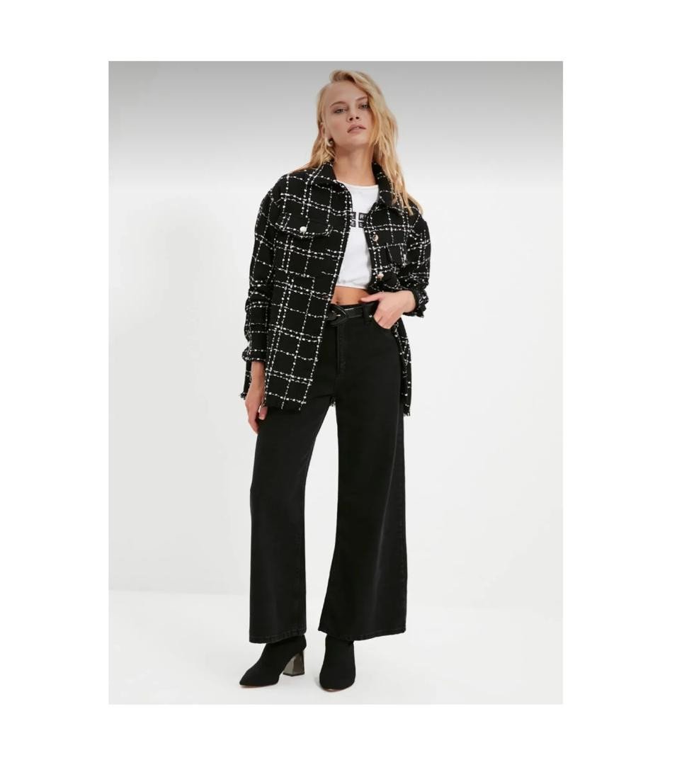 Black Plaid Pocket Detailed Tweed Woven Jacket Shirt
